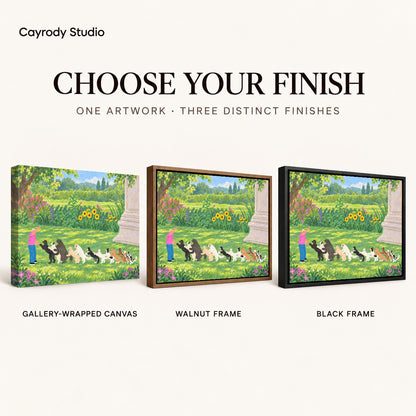 garden dog parade canvas art compared across gallery-wrapped canvas, walnut frame, and black frame finishes.