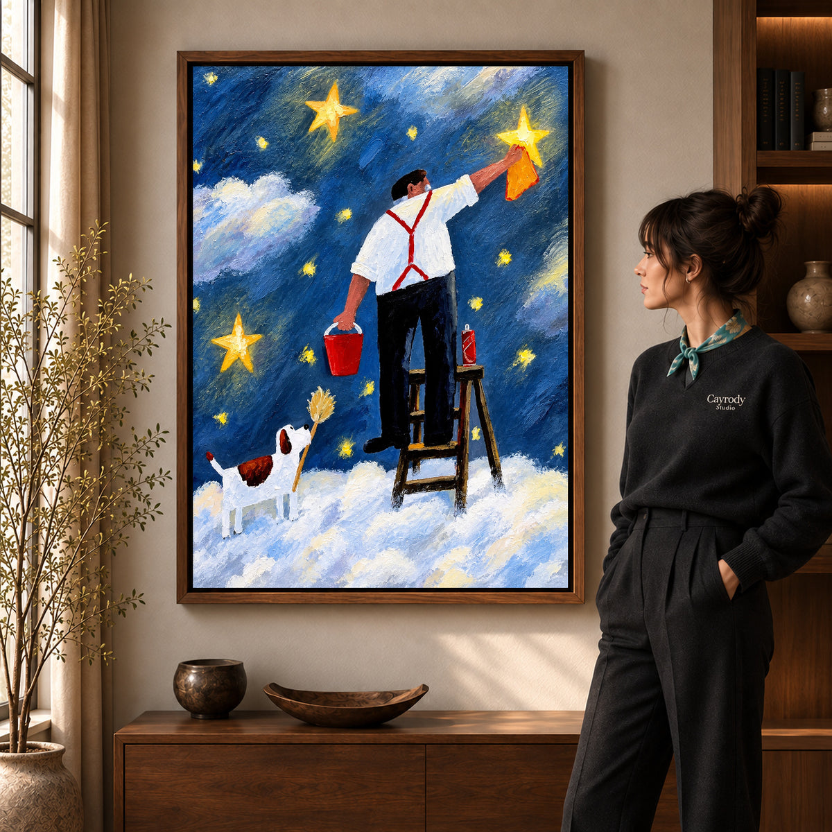 polishing stars together canvas art in a walnut frame beside a standing woman and wooden console.