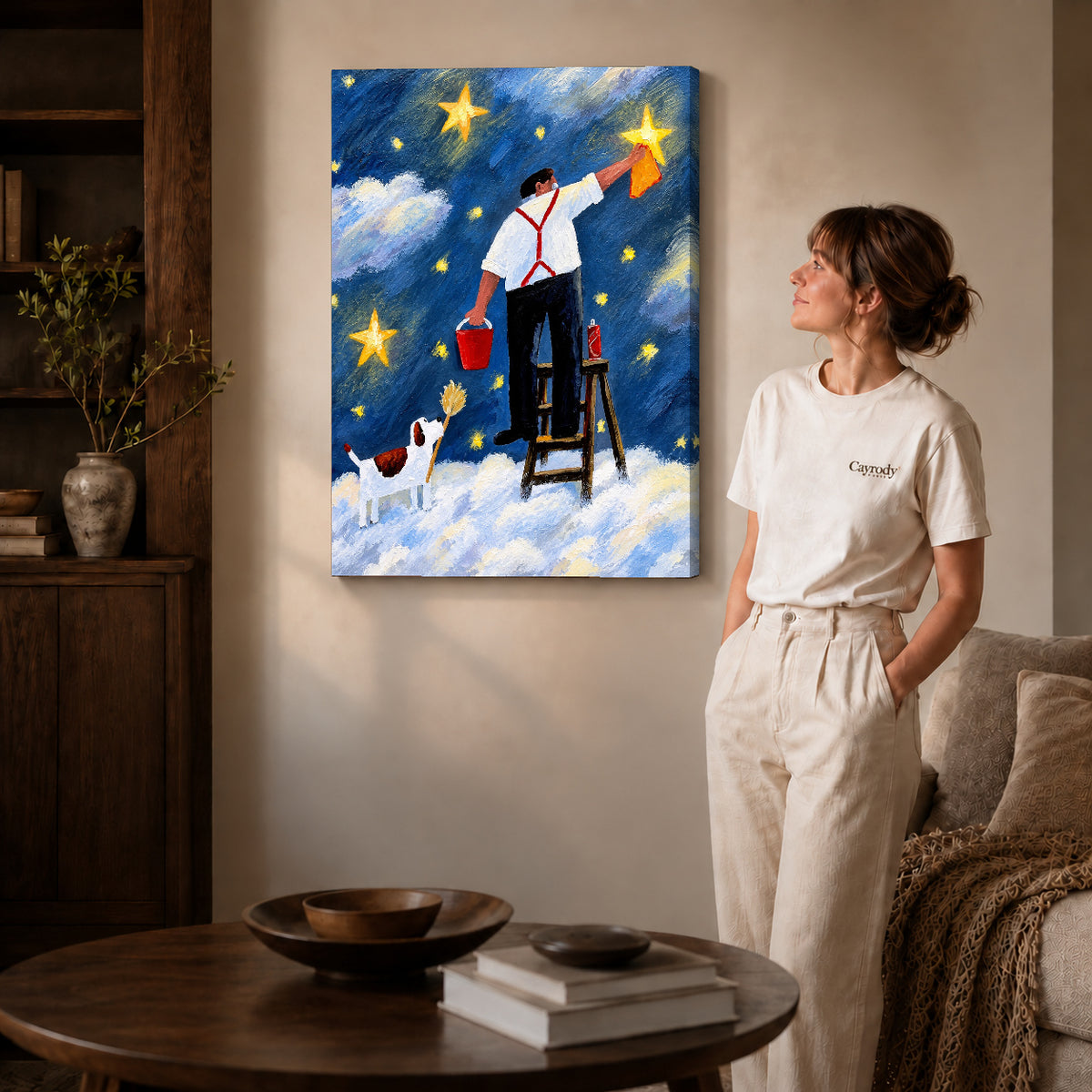 polishing stars together canvas art on gallery-wrapped canvas with natural edge shading beside a standing woman.