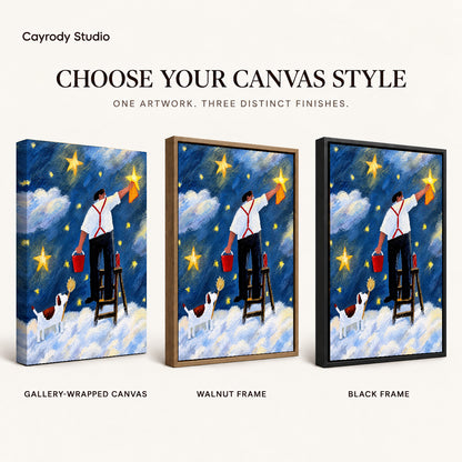 polishing stars together canvas art compared across gallery-wrapped canvas, walnut frame, and black frame finishes.