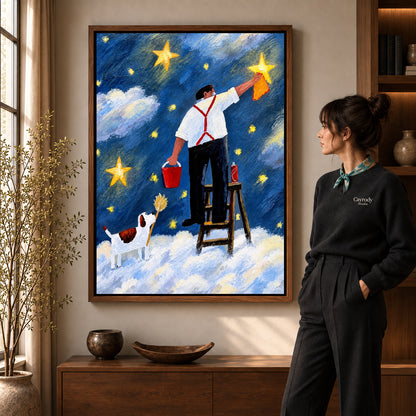 polishing stars together canvas art shown in the walnut frame option within a warm living room.
