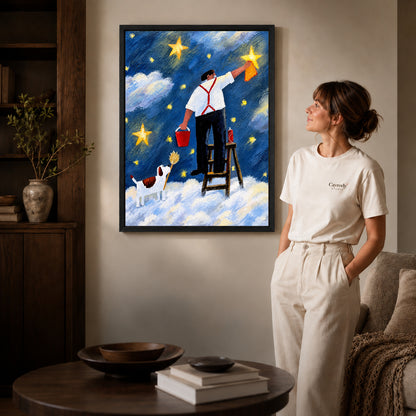 polishing stars together canvas art shown in the black frame option against a softly lit wall.