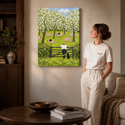blossom orchard companions canvas art on gallery-wrapped canvas with natural edge shading beside a standing woman.