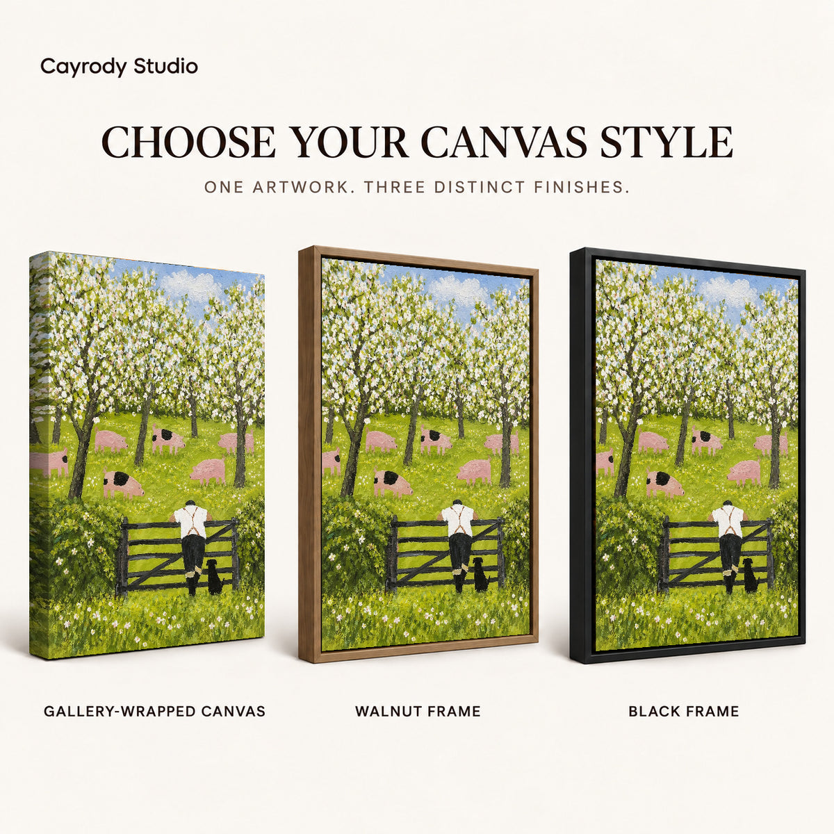 blossom orchard companions canvas art compared across gallery-wrapped canvas, walnut frame, and black frame finishes.