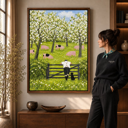 blossom orchard companions canvas art shown in the walnut frame option within a warm living room.