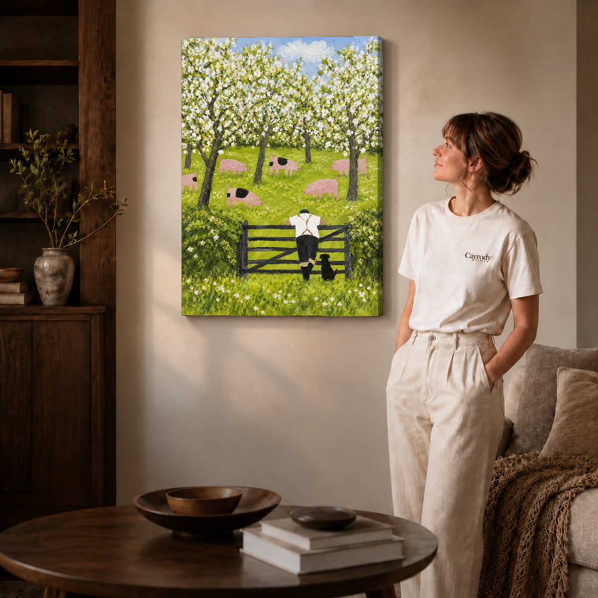 blossom orchard companions canvas art shown in the gallery-wrapped option with visible depth and warm surroundings.