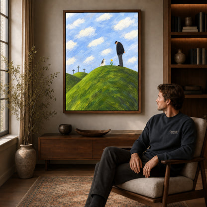 hilltop remembrance canvas art in a walnut frame above a console beside a seated man.