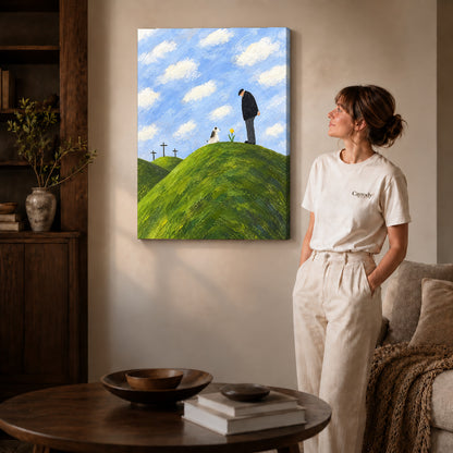 hilltop remembrance canvas art on gallery-wrapped canvas with natural edge shading beside a standing woman.