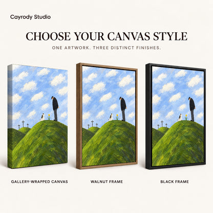 hilltop remembrance canvas art compared across gallery-wrapped canvas, walnut frame, and black frame finishes.