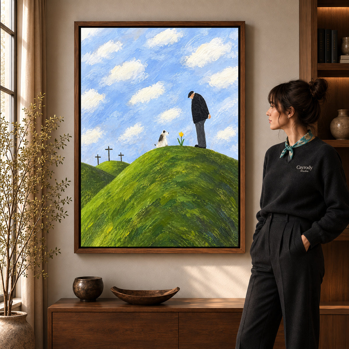 hilltop remembrance canvas art shown in the walnut frame option within a warm living room.