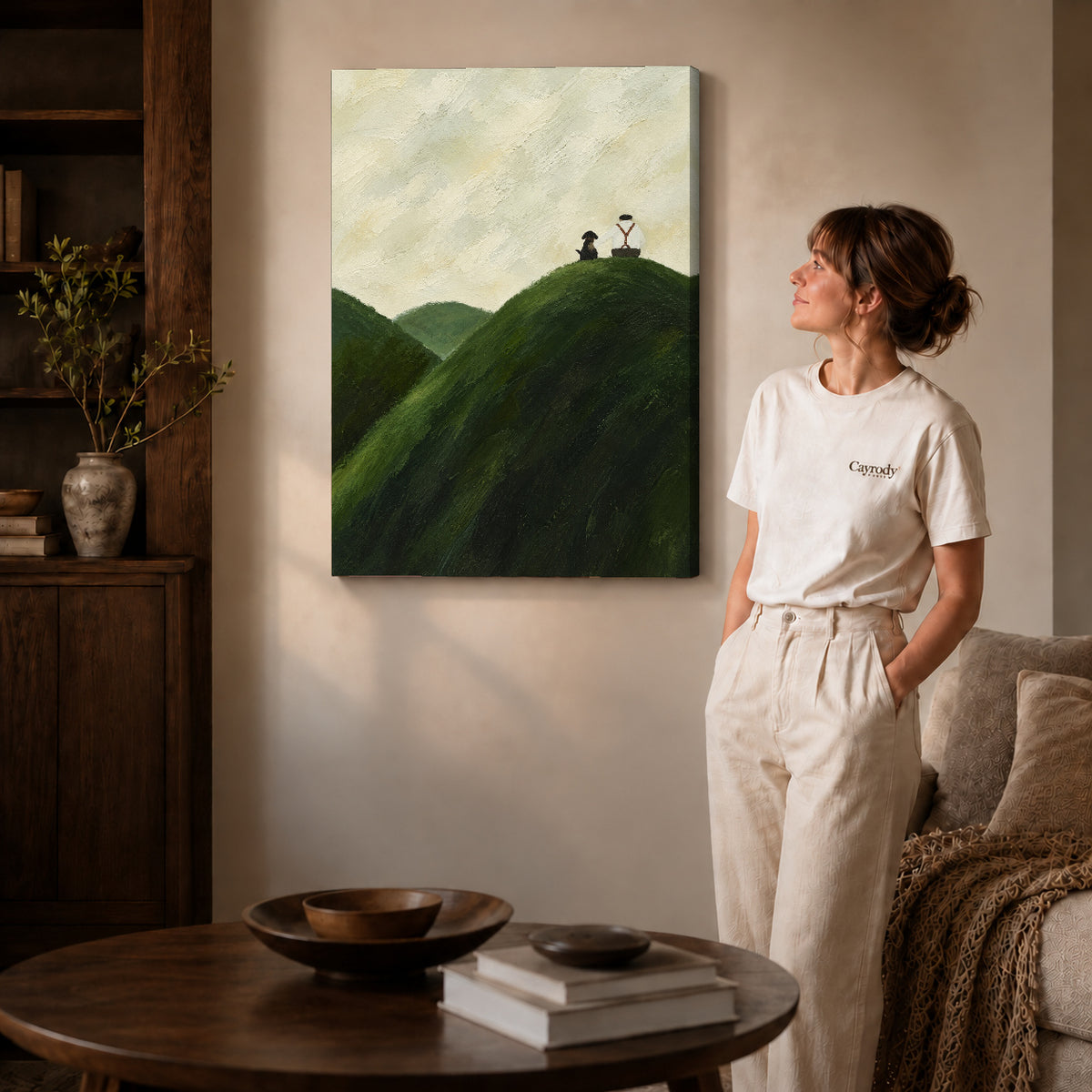 hilltop quiet company canvas art on gallery-wrapped canvas with natural edge shading beside a standing woman.