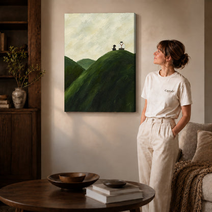 hilltop quiet company canvas art on gallery-wrapped canvas with natural edge shading beside a standing woman.