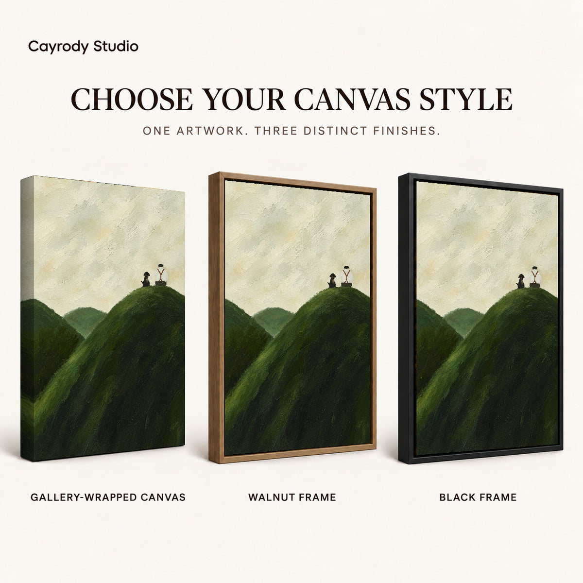 hilltop quiet company canvas art compared across gallery-wrapped canvas, walnut frame, and black frame finishes.