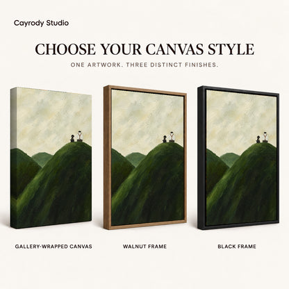 hilltop quiet company canvas art compared across gallery-wrapped canvas, walnut frame, and black frame finishes.
