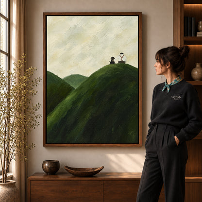 hilltop quiet company canvas art shown in the walnut frame option within a warm living room.