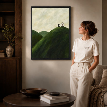 hilltop quiet company canvas art shown in the black frame option against a softly lit wall.