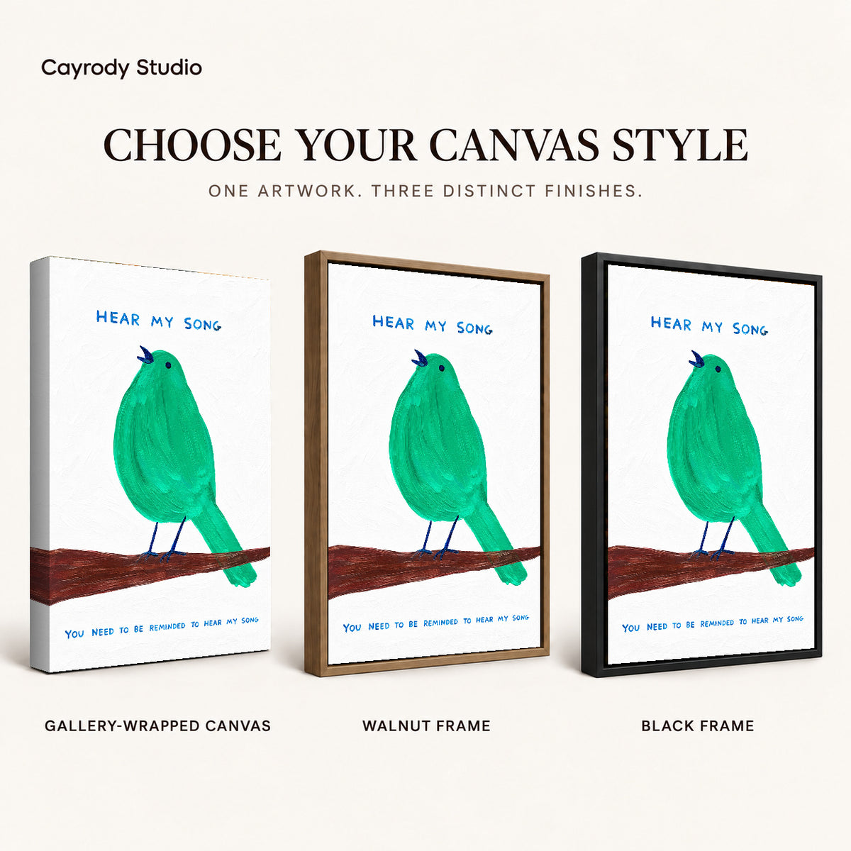 hear my song canvas art compared across gallery-wrapped canvas, walnut frame, and black frame finishes.