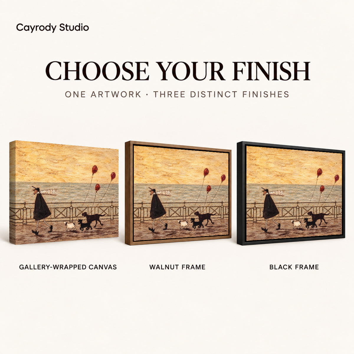 seaside dog walk canvas art compared across gallery-wrapped canvas, walnut frame, and black frame finishes.