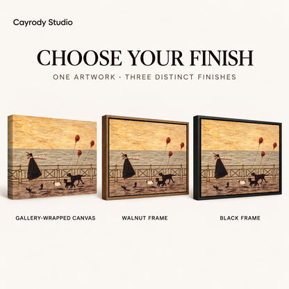 seaside dog walk canvas art compared across gallery-wrapped canvas, walnut frame, and black frame finishes.
