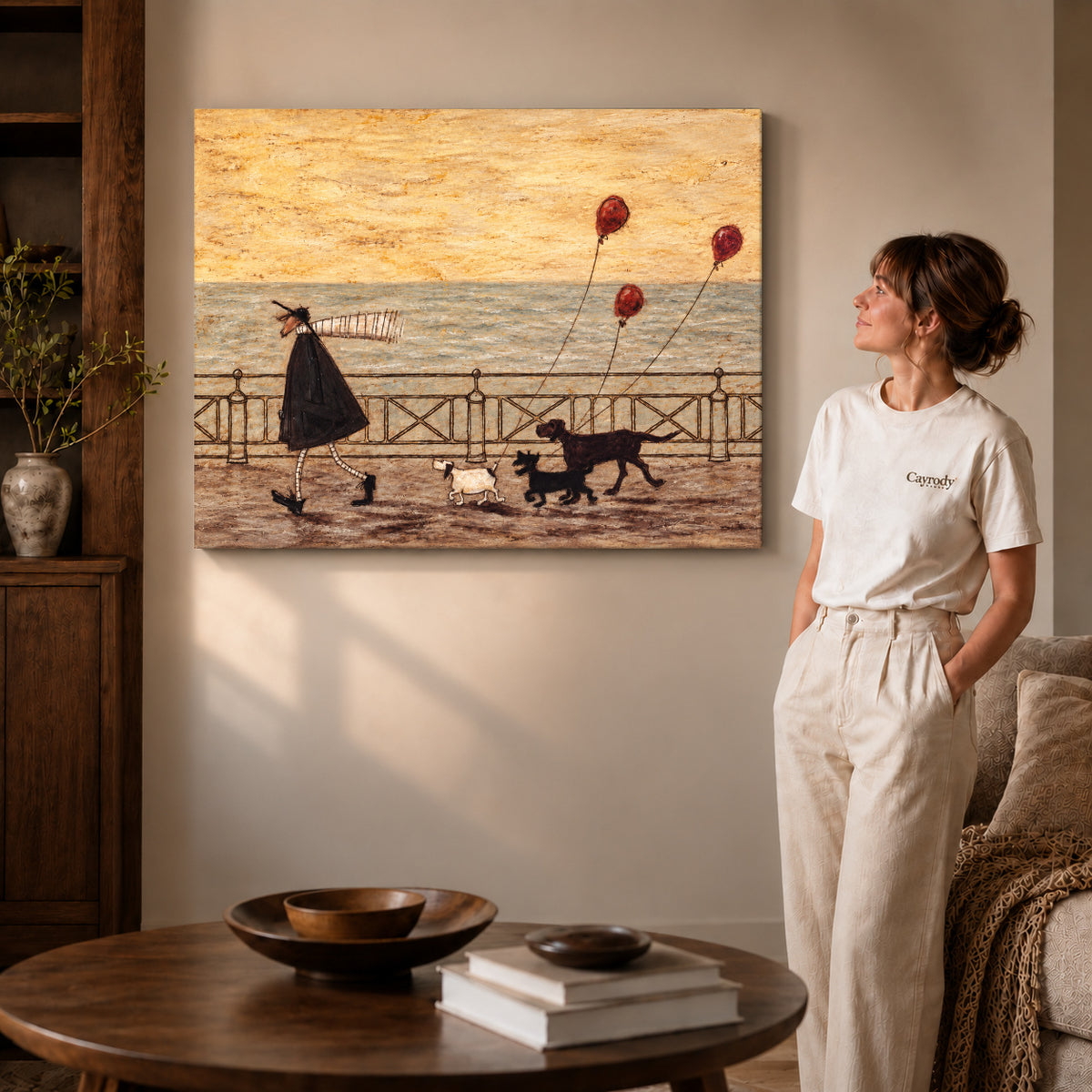 seaside dog walk canvas art shown in the gallery-wrapped option with natural side shading and warm surroundings.
