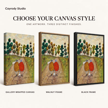 side by side canvas art compared across gallery-wrapped canvas, walnut frame, and black frame finishes.