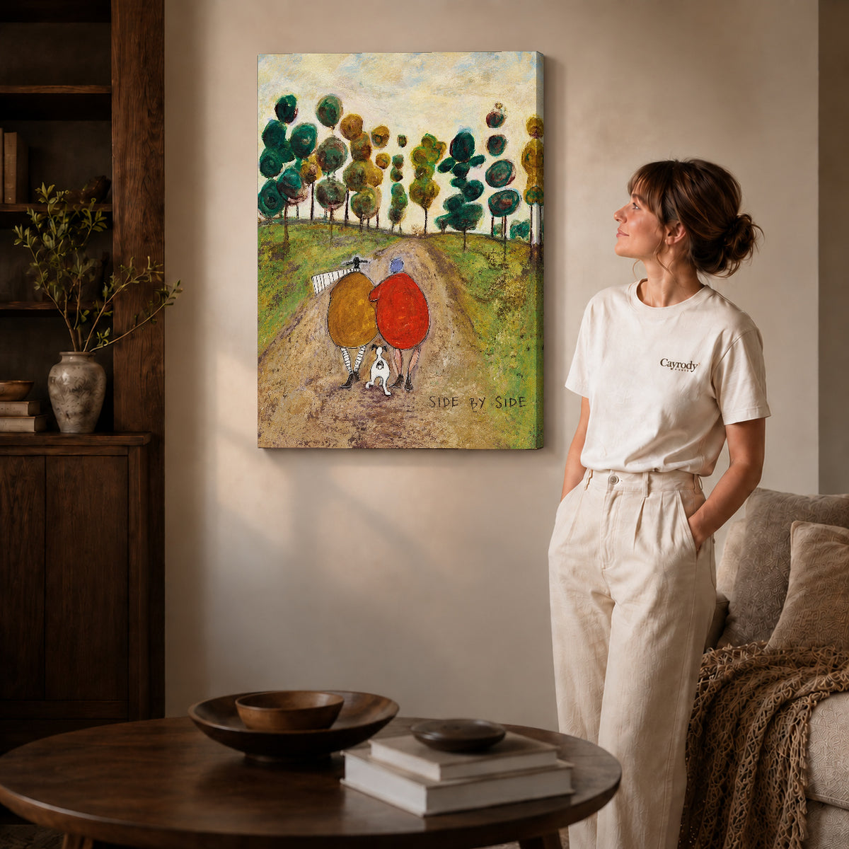 side by side canvas art shown in the gallery-wrapped option with visible depth and warm surroundings.