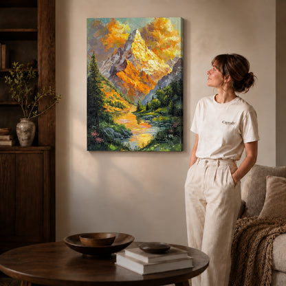 Gallery wrapped golden mountain canvas art with naturally shaded canvas edges beside a woman wearing cream clothing.