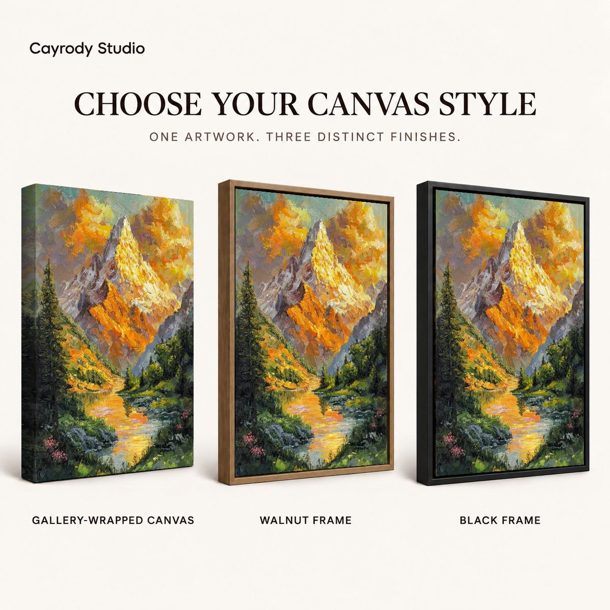 Golden mountain canvas art finish chart showing gallery wrapped canvas, walnut frame, and black frame options.