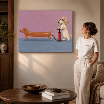 Gallery wrapped dachshund balloon canvas art with naturally shaded canvas edges beside a woman wearing cream clothing.