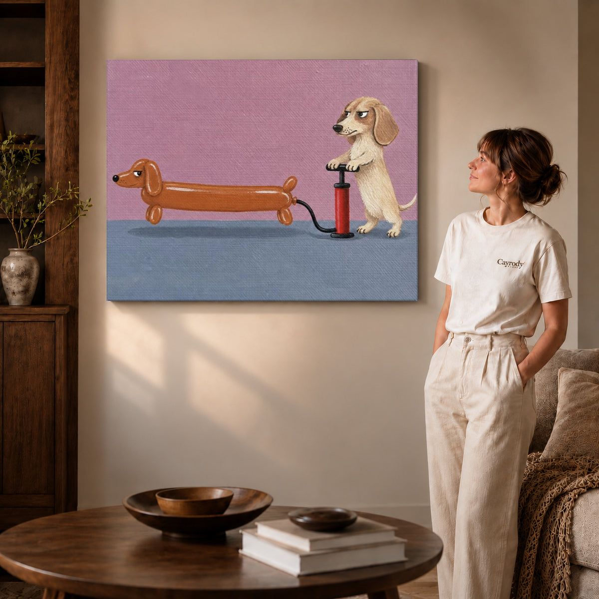 Gallery wrapped dachshund balloon canvas art room scene assigned to all six unframed wrapped canvas sizes.