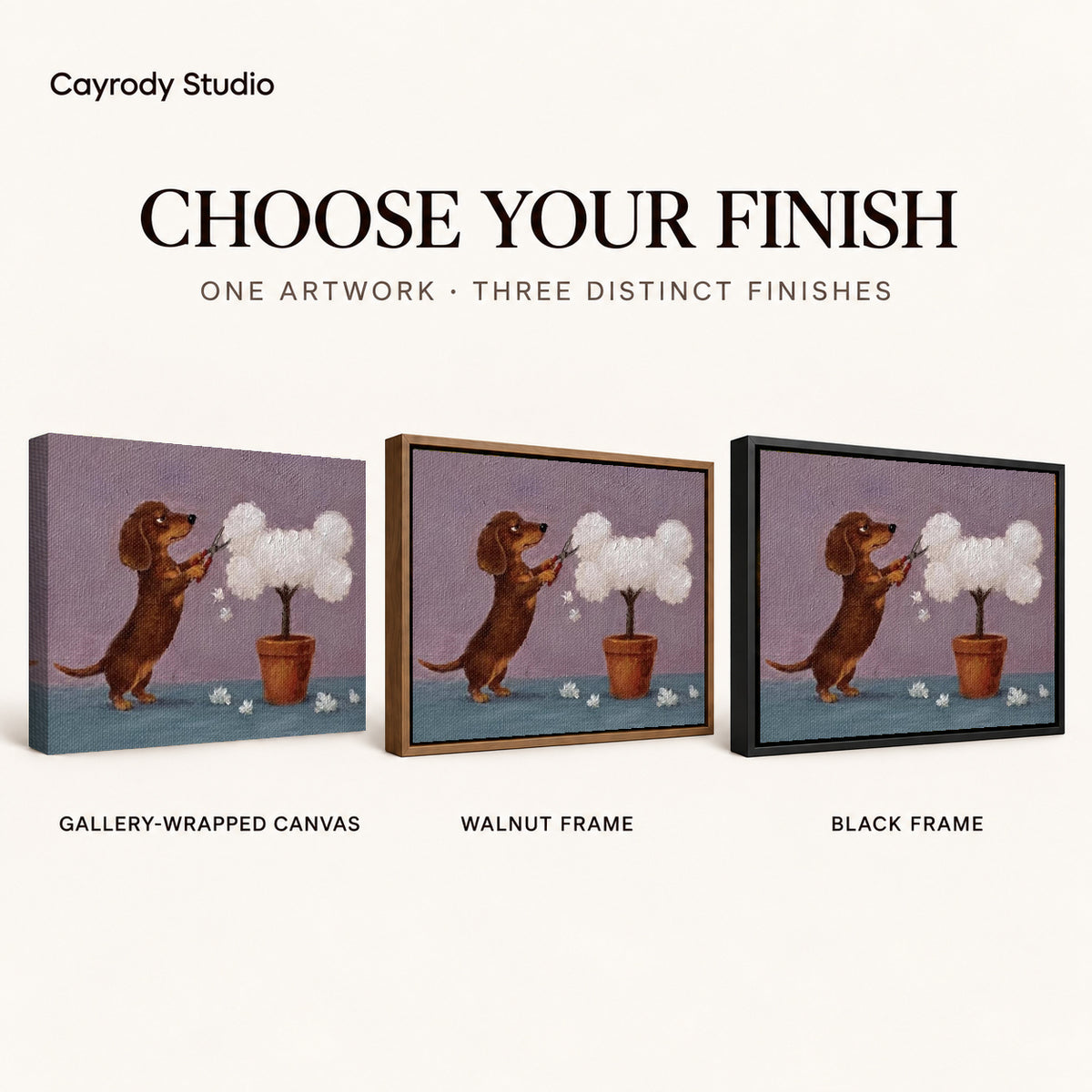 Gardening dachshund canvas art finish chart showing gallery wrapped canvas, walnut frame, and black frame options.