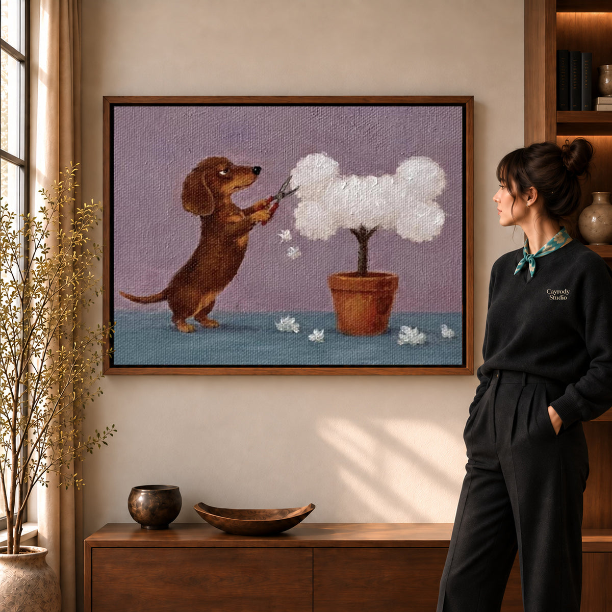 Walnut framed gardening dachshund canvas art room scene assigned to all six walnut framed canvas sizes.