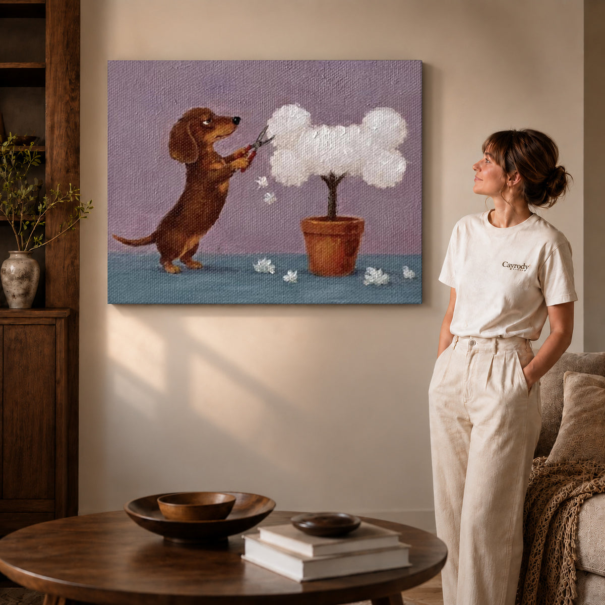 Gallery wrapped gardening dachshund canvas art room scene assigned to all six unframed wrapped canvas sizes.