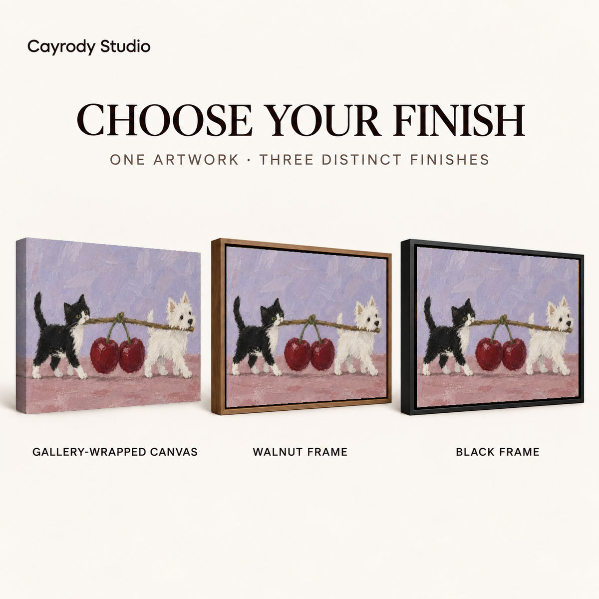 Cherry carrying pets canvas art finish chart showing gallery wrapped canvas, walnut frame, and black frame options.