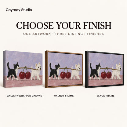Cherry carrying pets canvas art finish chart showing gallery wrapped canvas, walnut frame, and black frame options.