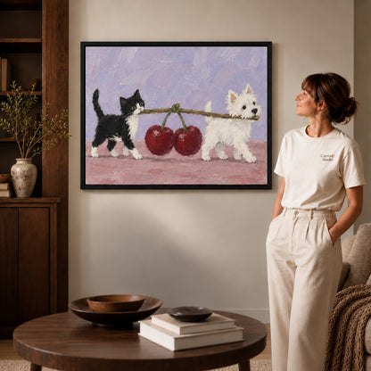 Black framed cherry carrying pets canvas art room scene assigned to all six black framed canvas sizes.