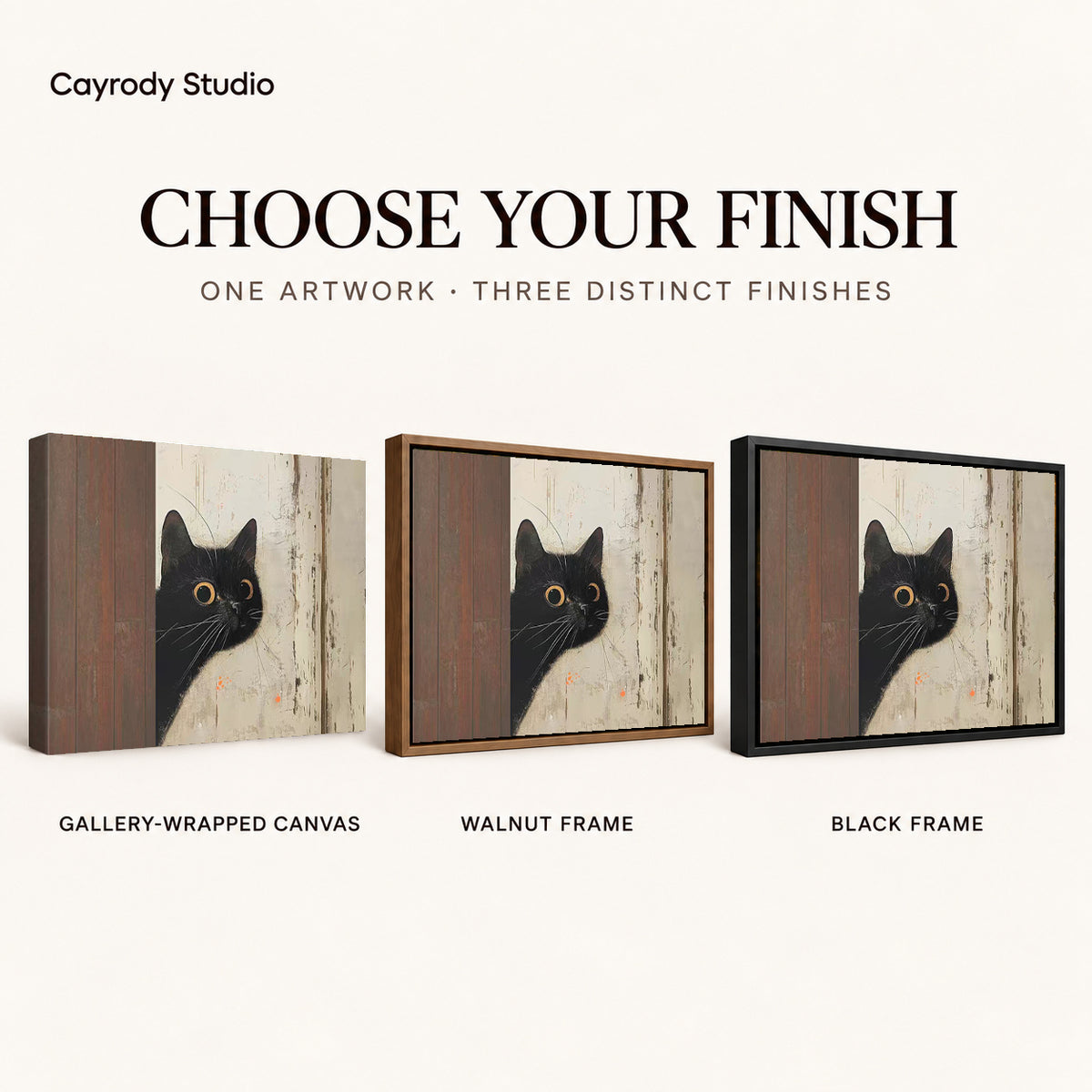 Peeking black cat canvas art finish chart showing gallery wrapped canvas, walnut frame, and black frame options.