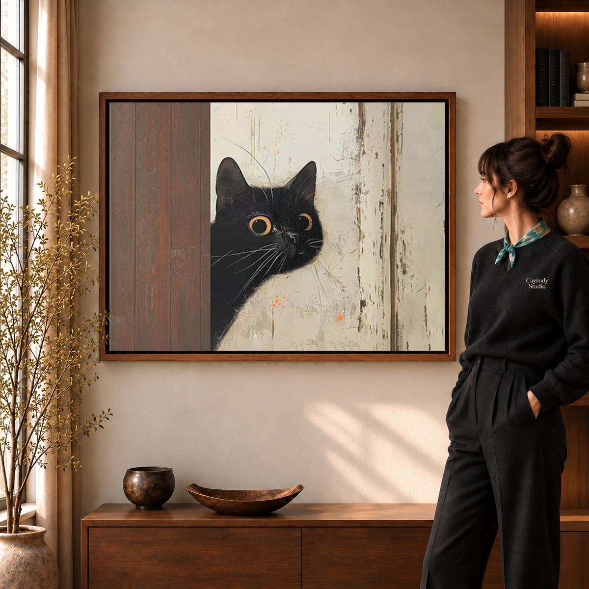 Walnut framed peeking black cat canvas art room scene assigned to all six walnut framed canvas sizes.