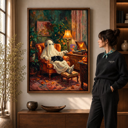 Ghost music canvas art in a walnut frame beside a standing woman in a warm living room.