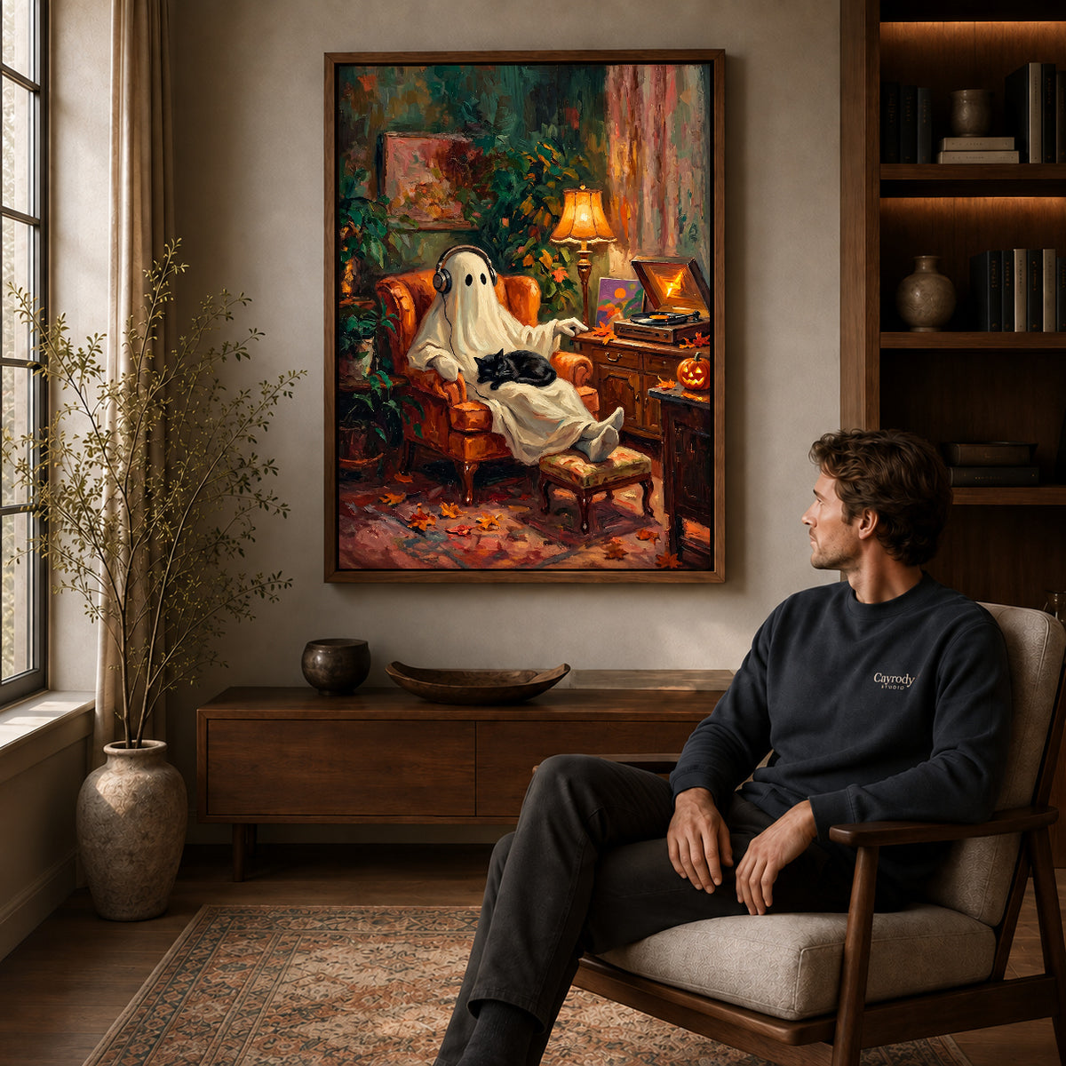 Walnut framed ghost music canvas art displayed above a seated man in a wood furnished living room.