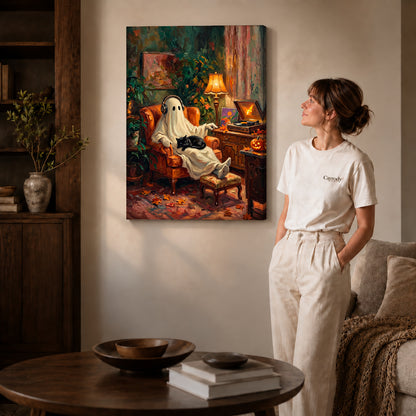 Gallery wrapped ghost music canvas art with naturally shaded canvas edges beside a woman wearing cream clothing.