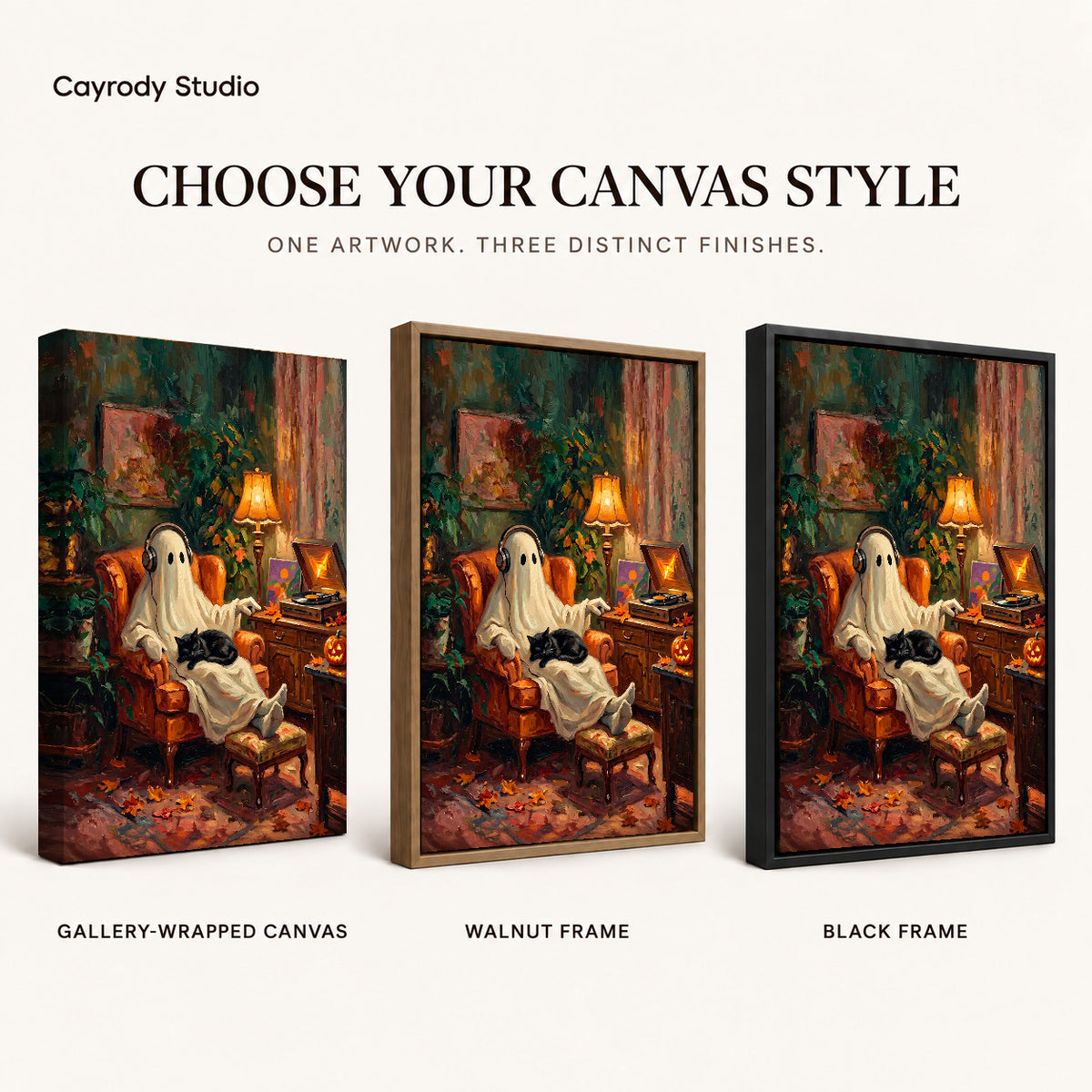 Ghost music canvas art finish chart showing gallery wrapped canvas, walnut frame, and black frame options.