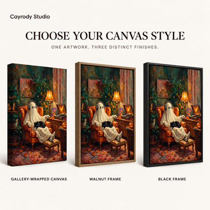 Ghost music canvas art finish chart showing gallery wrapped canvas, walnut frame, and black frame options.