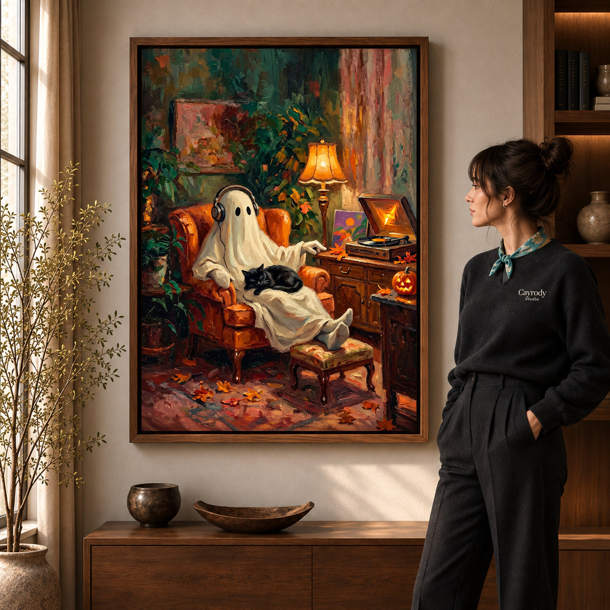 Walnut framed ghost music canvas art room scene assigned to all six walnut framed canvas sizes.