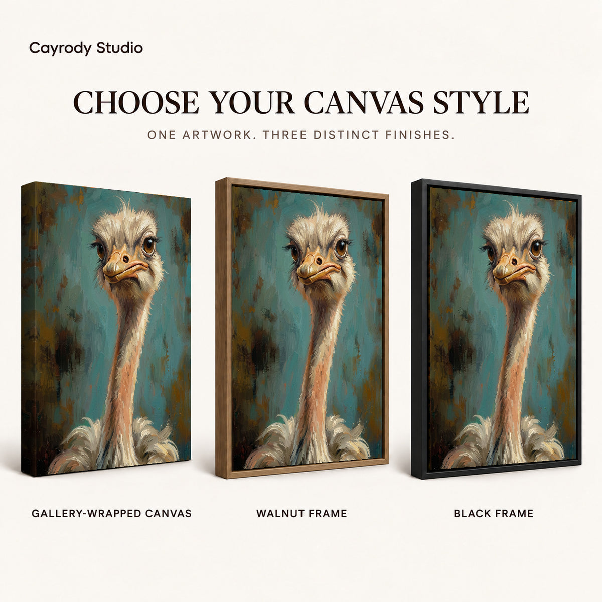 Expressive ostrich portrait canvas art finish chart showing gallery wrapped canvas, walnut frame, and black frame options.
