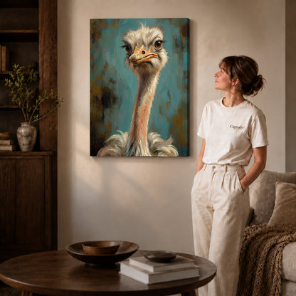 Gallery wrapped expressive ostrich portrait canvas art room scene assigned to all six unframed wrapped canvas sizes.