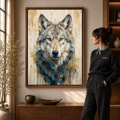 Gray wolf portrait canvas art in a walnut frame beside a standing woman in a warm living room.