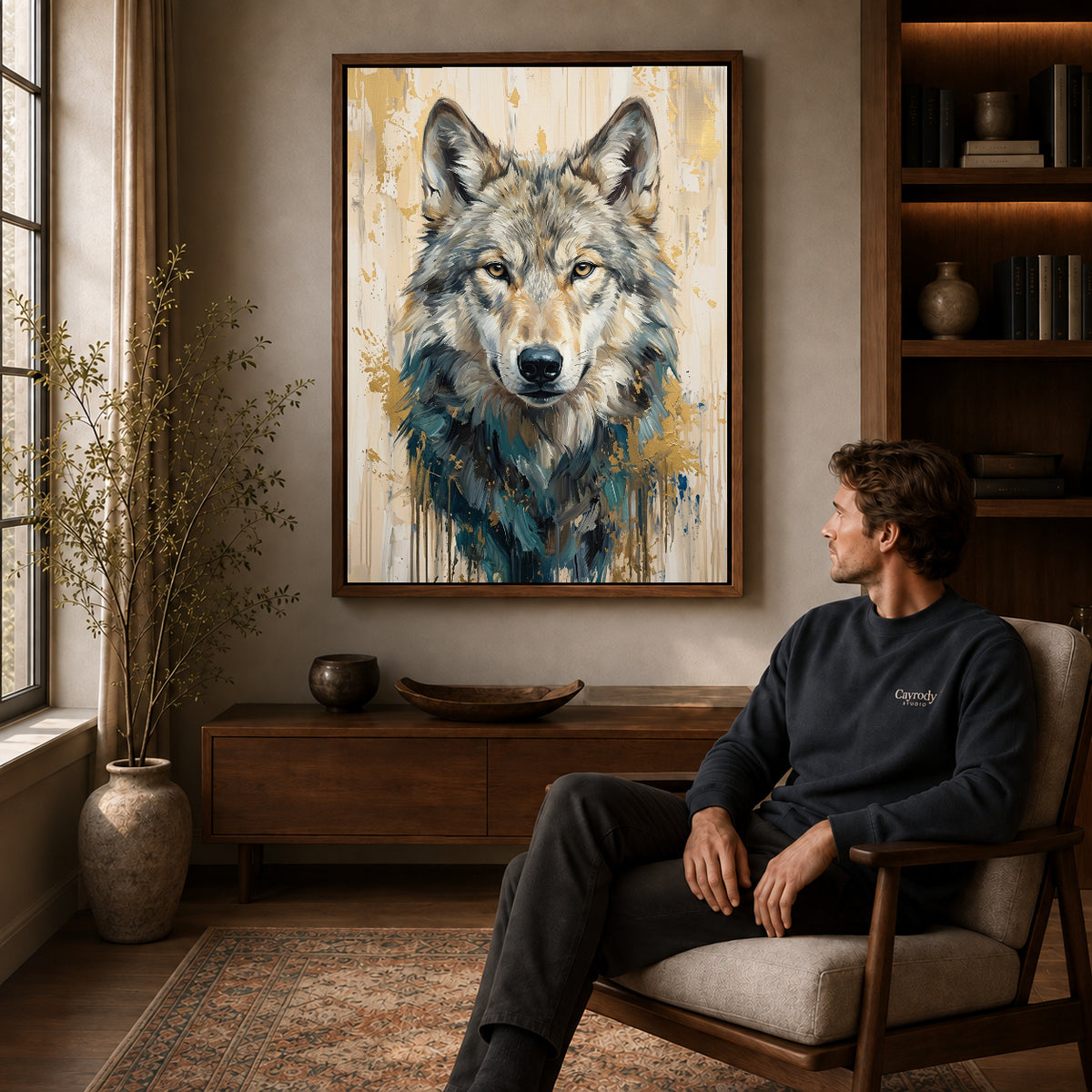 Walnut framed gray wolf portrait canvas art displayed above a seated man in a wood furnished living room.