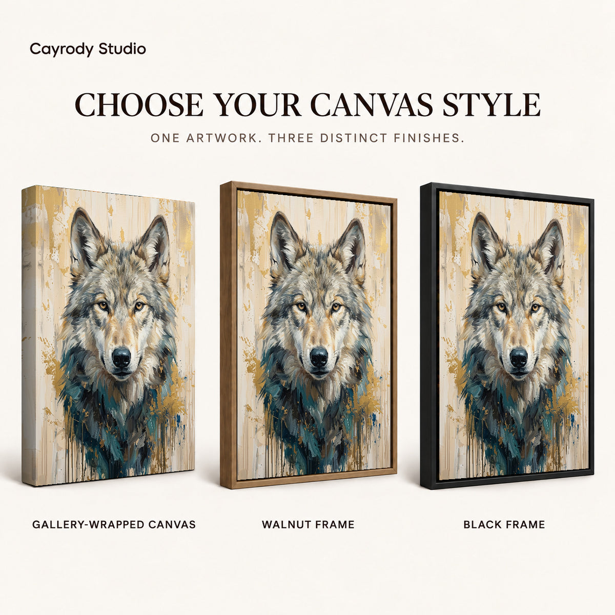 Gray wolf portrait canvas art finish chart showing gallery wrapped canvas, walnut frame, and black frame options.