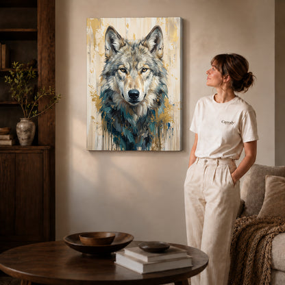 Gallery wrapped gray wolf portrait canvas art room scene assigned to all six unframed wrapped canvas sizes.